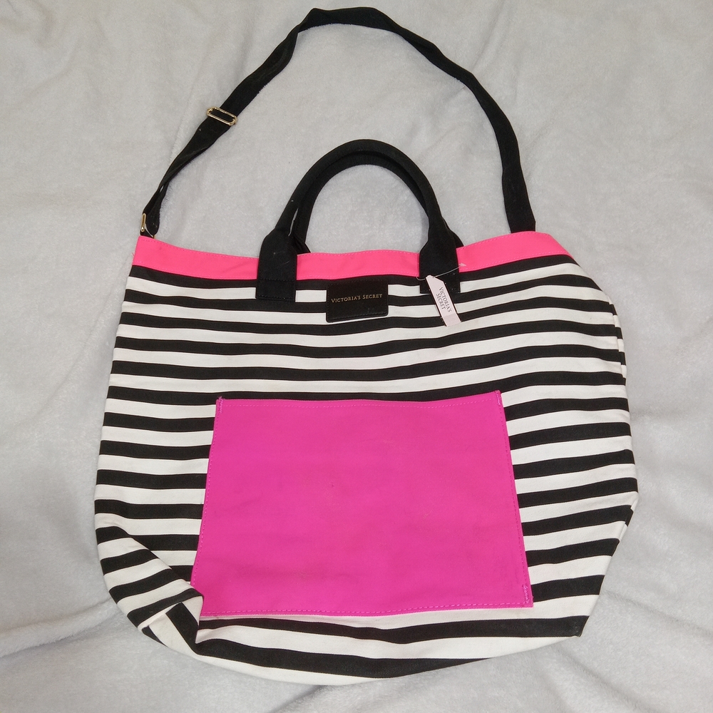 Victoria's Secret Black and Pink Striped Tote Bag NWT Vibrant